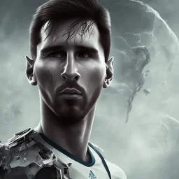 lionel messi perfect face and portrait post-apocalypse perfect cyborgs in a footbal stadium, sci-fi fantasy style, 8k,dark