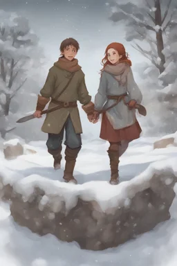 DnD style, two medieval peasant kids playing in the snow male and female, age 14 and 15, happy and playful