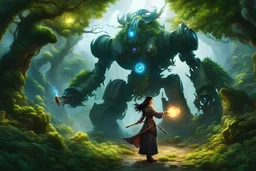 a wide shot of an asian woman druid, casting a spell of vines, and destroying a robot.