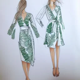 Croquis, wrap dress, white with fern leaf print, long sleeves, fashion illustration, sketch, drawing, pencil