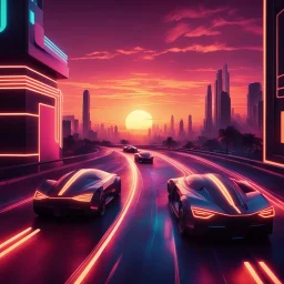 A cinematic photo of Sunset Drive, bathed in warm, neon-lit hues, evoking the nostalgia of Retrowave and 8Bit eras, with bold, geometric shapes and vibrant, electric colors, set against a backdrop of a fiery, synth-heavy sunset, with sleek, futuristic cars speeding by, leaving trails of light, amidst a futuristic cityscape, infused with a sense of retro-futurism, and a hint of digital glitch, with bold, contrasting highlights and deep, rich shadows, capturing the essence of Synthwave's retro-uto