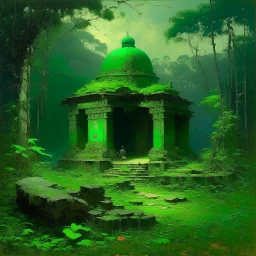 A green ruins in a jungle with jade crystals painted by Birge Harrison