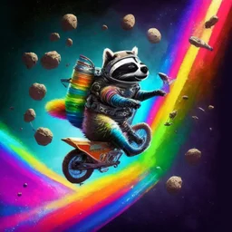 A raccoon astronaut riding a rainbow bike on a mission to gather space trash, jumping over asteroids as he goes.