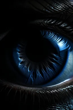 a male eye with prominent blue iris and reptilian pupil, gothic, darkness