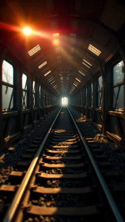 ai thinks there are train tracks inside the train, get inside the rabbit train in the style of Rembrandt and Fallout 4, with motion blur and volume fog and sun rays and lense flare