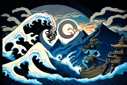 digital painting of the odyssey quest with the mythos cyclops by homer, in the style of hokusai