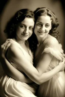 couple of women, one hugs the other from behind; dressed in chiffon nightgowns, medium shot, image photogrphy, 16K, toned to soft sepia tones