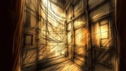 sketch lines, Medium shot of hot wires against a blurred background of an abandoned building, with flickering lights creating an eerie glow and casting shadows on the walls., dramatic dutch light, pencil drawing