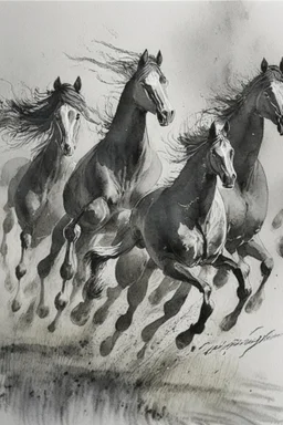 8 horses running on meadow as black ink watercolor chinesse paintin art