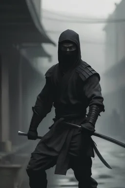 plano alejado de un ninja con ropa de combate negra, ambiente de fabrica urbana con tonos grises y obsuros con niebla, portando en una de sus manos una espada