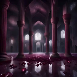 Hyper Realistic Maroon Crystals Inside a Dark Abandoned Mosque with beautifully crafted pillars at Rainy night