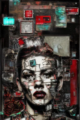 Ultra detailed medium portrait painting of no exit sign, dark room with little light coming from an open door behind, torn up collage of clippings, broken circuitry background, matrix effects, punk visual art, punk art aesthetic, graffiti art, pop surrealism, collage art, cluttered paint glitches