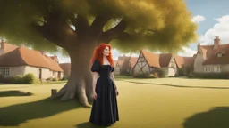 A red-haired, witchy woman standing in the centre of a village green, surrounded by thatched cottages, standing under a large tree. Bright, sunny day.