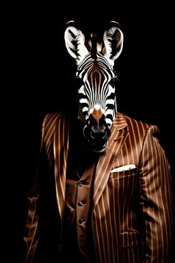 Portrait of an {Zebra} wearing a {brown} suit and sunglasses, {black} color background, realistic photography, shot on Sony dslr camera, Fujifilm --s 250