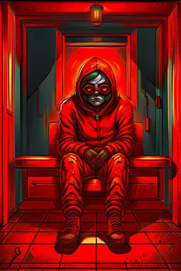 A scary gothic person sits quietly in the middle of a soundproof, padded room conveying intense dramatic emotions in a muted environment, wearing a red restraint jacket with arms inside, a mask to cover the mouth area of cannibal evil scary, dark and gothic look, cold eyes, eary ultra detailed,.32k, digital art style with messy paint, hardened sealer appearance, impasto, dramatic Arial view with explosive chaotic background