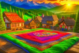 Hand sewn and embroidered extremely cute Austrian mountain village, threads, sewing needles on a table on lace blanket in a luxury bedroom, centre, bold colours elegant fantasy 8k beautiful dynamic lighting award winning imperial colors hyperrealistic ultra detailed 4K 3D high definition crisp quality colourful hdr in sunshine