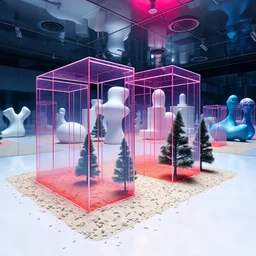 A metaphysical photo of a closed space with a glossy finish. There are multiple plexiglass structures with various shapes and sizes. The surface below has small accumulations of sand. Strong texture and colors. There are fake trees placed near the structures. In the background, there are other white and blue forms and structures. The atmosphere is metaphysical. The aspect ratio is 85:128, and the exposure value is 8.