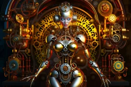 robot body with a female head, hands and feet, and a steampunk background