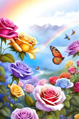Trés belles roses, rainbows, beautiful colors gardens , flowers, cascades,Birds, butterfly
