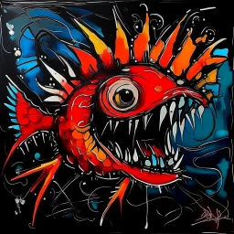 colorful red orange angler fish by Jean-Michel Basquiat, large mouth with many tiny sharp teeth, acrylic painting, high contrast, bright warm colors, dark black ocean bottom bacground