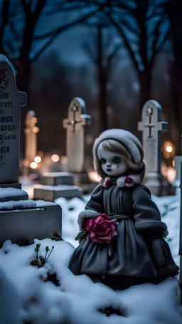 In winter, in a cemetery at night, there are flowers and a doll of a girl on the grave.