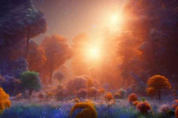 orange and blue crystal cosmic and galactic ambiance sunny sky trees river field surreal, full of details, smooth, bright sunshine，soft light atmosphere, light effect，vaporwave colorful, concept art, smooth, extremely sharp detail, finely tuned detail, ultra high definition, 8 k, unreal engine 5, ultra sharp focus