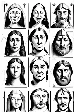 diferent medieval faces of diferent medieval people with diferent expressions, some dramatic, somo happy. the style is minimal black and white stamp. in the sheet there are more than 5. very diverse court memebers and everyday people. man, woman, kids. white background