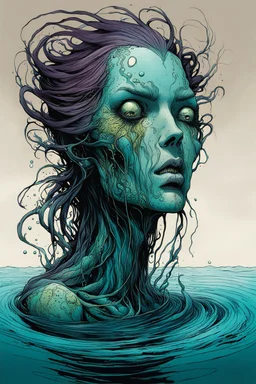 illustration of a drowned undead shape shifting female water spirit in the style of Alex Pardee and Jean Giraud Moebius, highly detailed, boldly inked, deep murky aquatic color