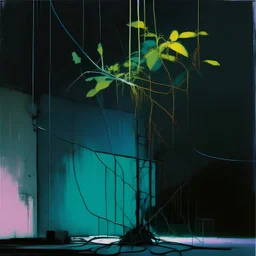 Minimal abstract oil painting of a plant in concrete warehouse brutalist architecture and hanging wires illuminated at night. With triadic colours. In the style of Justin Mortimer and Phil Hale, Ashley Wood