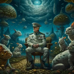 portrait of macho army officer on a bar chair inside mushroom grove with huge fluffy space chinchilla in the style of Escher, 4 k, down-light, soft light, depth of field, photo realism, trending on art station, high detail, spray paint