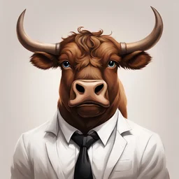 2D cartoon, painting, a (brown bull [Billy] with horns) wearing a white shirt and black tie. Happy face. No text. White background
