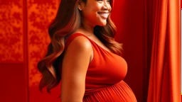 Gina Rodriguez Curvaceous and radiant physique Fiery red locks frame her face Elegant flowing maternity gown Maternal glow and resilience Bust size: 38 inches Subtle yet confident expression German teenager in transformation Heavily pregnant silhouette Tenderness in her curves Unexpected beauty in resilience Comfortable and harmonious attire Bathwater backdrop signifies change Youthful grace with maternal strength Roundness of the burgeoning belly Maternity elegance in transformation Cascading r