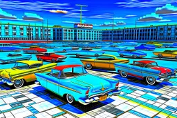 Fotorealistisch Parkplatz an der Promenade von Havanna vollgeparkt mit Chevrolet Impalas von 1959 und 1960, Chevrolet Nomad von 1957, Chevrolet Bel Air von 1954 und 1955, Ford Fairlane, Pontiac Safari, Buick Roadmaster, De Soto Fireflyte, allesamt mehr oder weniger heruntergekommen in prallem Sonnenlicht, im Hintergrund das Meer