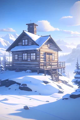 A small cabin on top of a snowy mountain in the style of Disney, artstation, realistic photo, gorilla curve glass....ar..12845