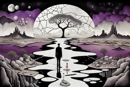 inner world , atypical world, in midle an alone human figure stands on the thin bridge with a big map his hands , weird whimsical landscape, forest, and Sahara water and rocks,, around surreal cracked painted weird land with some black doors. dark purple, gray, black, white, brown. Whimsical style of Chagall , of Minjae Lee and Anton Semenov, lonely with absurd beauty. broken, weird bizarre absurd nightmare, labirynth, dark vision, neuron network background, surreal vibe, stunning painted