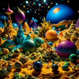 Detailed creepy landscape made of modeling clay, stars and planets, Roger Dean, Tim Burton, strong texture, Ernst Haekel, extreme detail, Max Ernst, decal, rich moody colors, sparkles, bokeh, odd