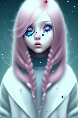 girl, cute, beautiful, big nose, pink hair, long hair, blue eyes, black sweater, blood splatter, long eyelashes