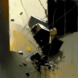 Minimal abstract oil paintings falling wires close up decaying concrete blocks fragments illuminated at style of Phil Hale