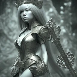 hitomi tanaka, long black hair, elemental face, Unreal Engine 5, highly detailed, highest quality, digital painting, complex 3d render, unreal engine render, insane detail, intricate photograph quality, magnificent, majestic, highly intricate, Realistic photography, grand hall, wicked throne, holding scepter, crown of barbwire, dark color palette, metallic, highly detailed, highest quality, digital painting