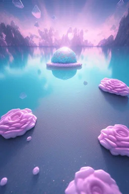 lac turquoise, rocher avec mousse, fleurs rose et blance, petit dome, etoile filante, cristaux, vray