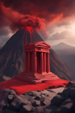 Realistic Red tempel in greek style on the brim of an volcano