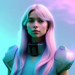 A portrait of a crystalised girl,smiling, longs hairs, atmospheric, realistic, cinematic lighting, octane render, pink turquoise light, 8k, , galactic atmosphere