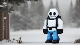 Creat a image of Sans from undertale in snowdin, pixelated