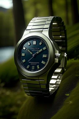 Generate a realistic image of the Patek Philippe 5711P watch in an outdoor adventure setting. Showcase the watch being worn during activities such as hiking, camping, or exploring nature. Emphasize realistic lighting and reflections to convey the watch's durability and elegance in adventurous situations.