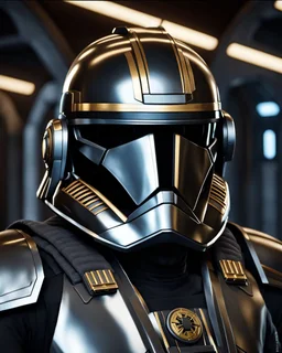 star wars bald male corellian pilot wearing pearlescent black and gunmetal grey First Order special forces armor and helmet with gold trim inside the jedi temple, centered head and shoulders portrait, hyperdetailed, dynamic lighting, hyperdetailed background, 8k resolution, volumetric lighting, light skin, fully symmetric details