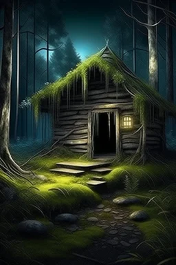 magic fabulous forest, old dilapidated hut in the forest, moss on the ground, fantasy, photorealism, clear drawing of all details, dark, night, moonlight, mysticism