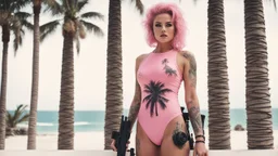 A modern Barbarella warrior with a machine gun covered by tattoos, 24-years-old wearing a pink one-piece swimsuit [vintage style noisy scratches glitches, Shot the texture and then rewound the film and double exposed from a 1970 B series movie] she stands in the marble palace of a modern dictator the beach and palm trees by the windows