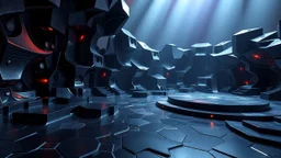 a 3d fractal stage structre made of metallic dark color 3d structures, pertty artistc background,dynamic lights