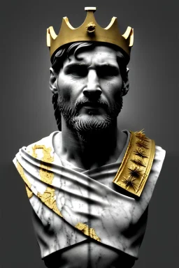 Ultra Realistic image, Roman sculpture, white marble material, Lionel Messi, gold crown of natural thorns, god crown, gold veins, gold ornaments, Renaissance style, sun rays background, waist up portrait, epic, celestial, cinematic lighting, God lights, 4k resolution, smooth details, soft lighting, unreal engine 5, art station, substance 3d.