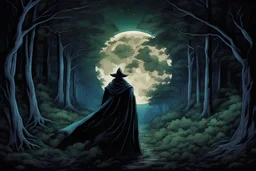 pessoa usando uma máscara azul pintada com branco e um manto preto no meio da floresta olhando pra frente, árvores verdes e muita mata, a noite, desenho do espírito da lua, imagem cinematográfico, com cores vibrantes, espírito olhando pra a quarta parede